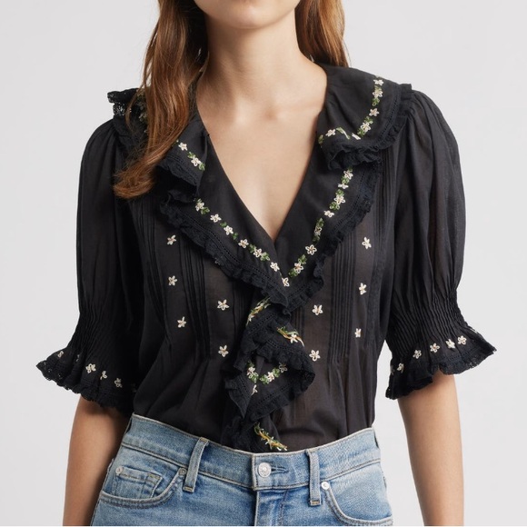 Doen Hettie Black Embroidered Ruffle Blouse